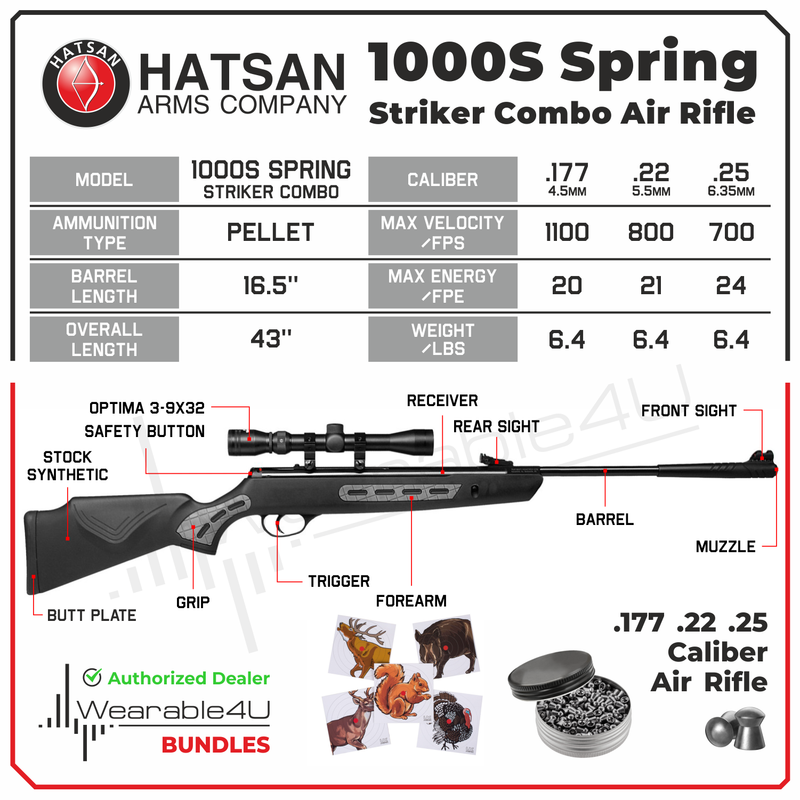 Hatsan 1000S Spring Striker Air Rifle Combo .22 Caliber with Wearable4U .22 cal 250ct Pellets and 100x Paper Targets Bundle