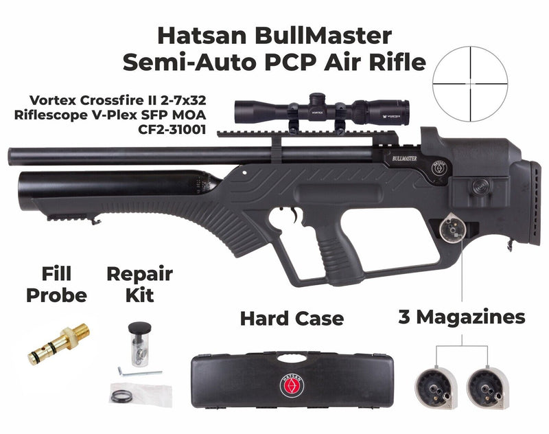 Hatsan BullMaster Semi-Auto .25 Cal PCP Air Rifle with Included Wearable4U 100x Paper Targets and 150x .25 Cal Pellets and 3-9X40AO Scope Bundle