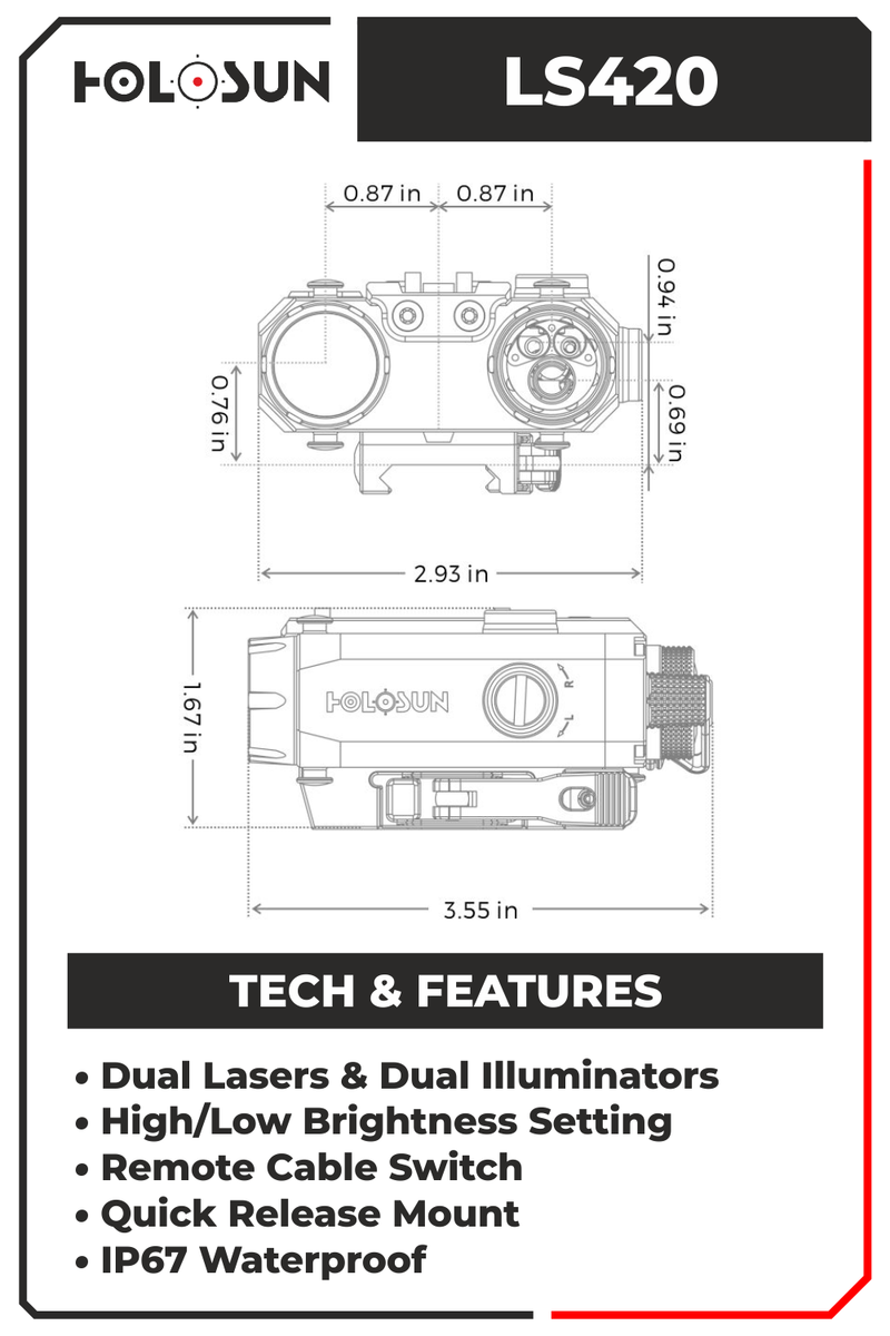 Holosun LS420 7075 Aluminum Bodied Dual Laser Sight with IR Illuminator Multi- Laser