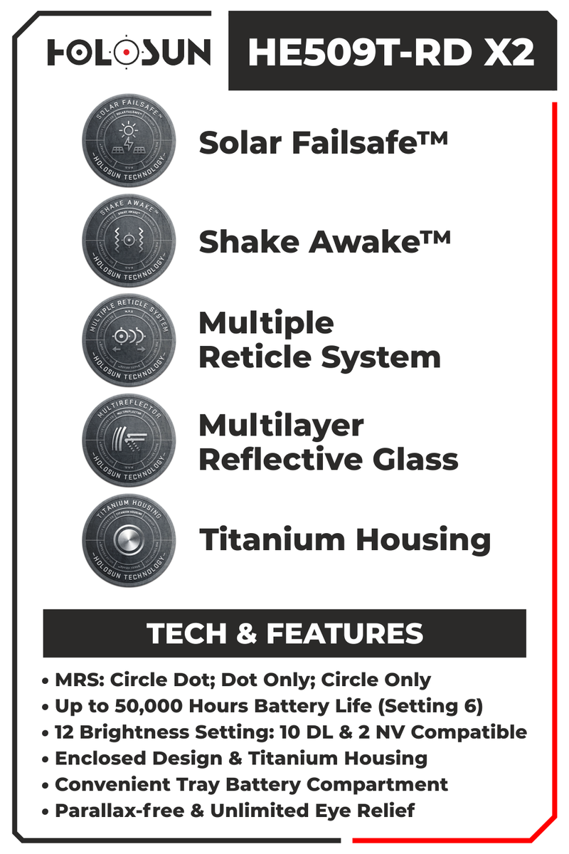 Holosun HE509T-RD X2 Enclosed Reflex Optical Multi-Reticle Red Dot Sight with Free Hat Bundle