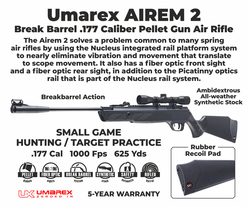 Umarex Airem 2 Break Barrel .177 Caliber Pellet Gun Air Rifle with Pack of 500x .177 Cal Pellets
