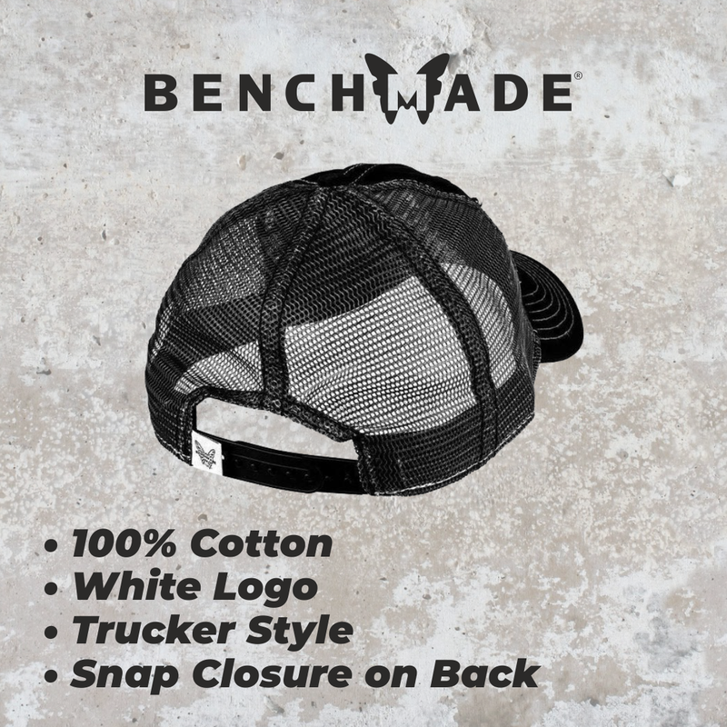 Benchmade Mesh Black Trucker "Solid Steel" Hat with White Logo Label on Front and Plastic Snap Closure on Back (50014)