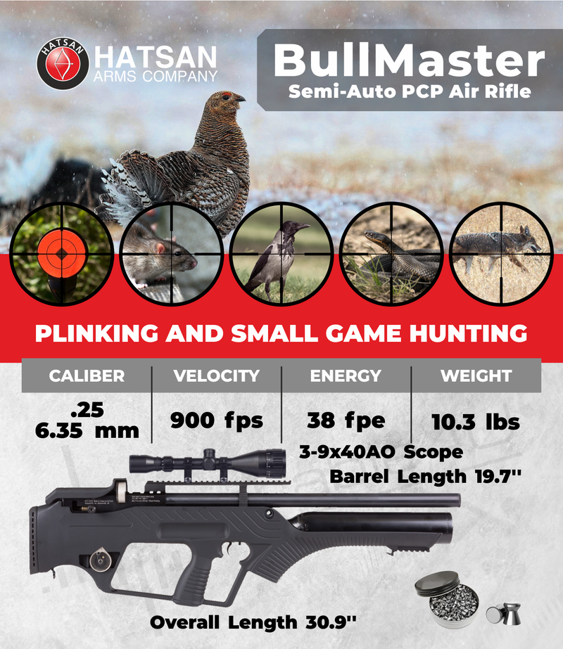 Hatsan BullMaster Semi-Auto .25 Cal PCP Air Rifle with Included Wearable4U 100x Paper Targets and 150x .25 Cal Pellets and 3-9X40AO Scope Bundle