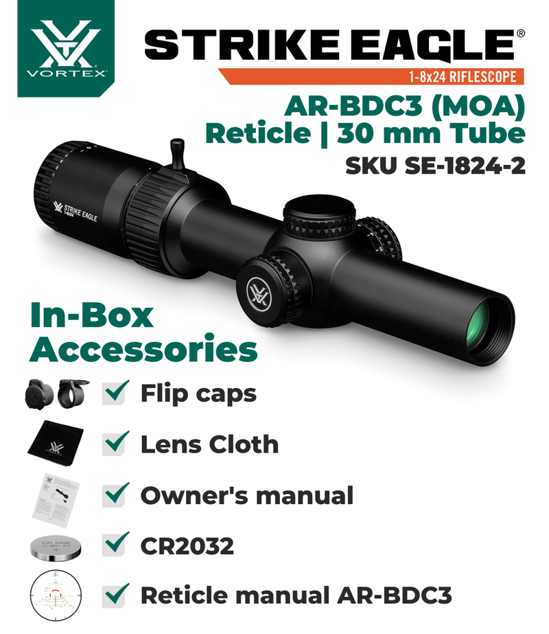 Vortex Optics Strike Eagle 1-8x24 Riflescope BDC3 (MOA) Reticle, 30 mm Tube, with Wearable4U Bundle