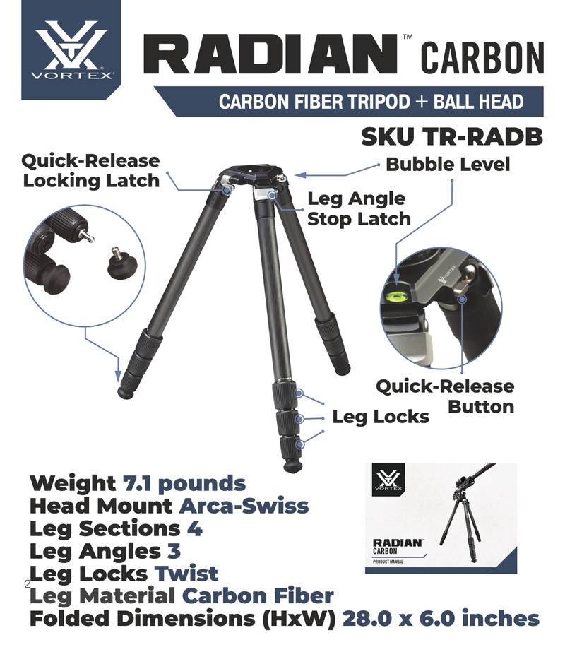 Vortex Optics Radian Carbon Fiber Tripod Kit with Ball Head with Free Hat Bundle