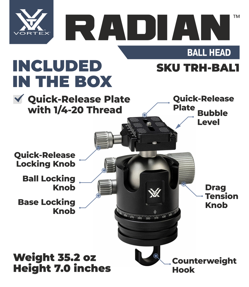 Vortex Optics Radian Ball Head with Free Hat Bundle (Bundle Options Available)