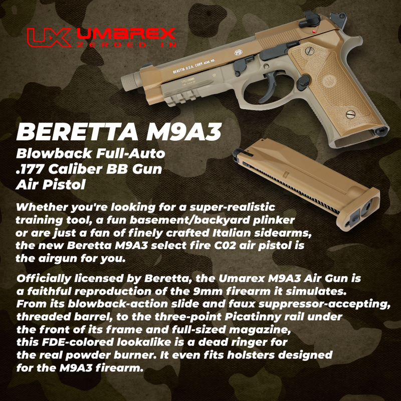 Umarex Beretta M9A3 Full Auto CO2 .177 Cal Blowback Air Pistol with 5x12 CO2 Tanks and Pack of 1500ct BBs and Extra Mag Bundle