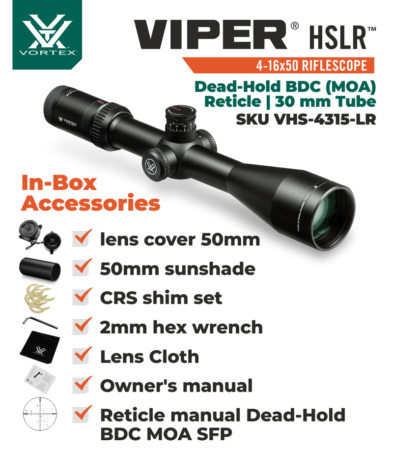 Vortex Optics Viper HSLR 4-16x50 Riflescope Dead-Hold BDC (MOA) Reticle with Wearable4U Bundle