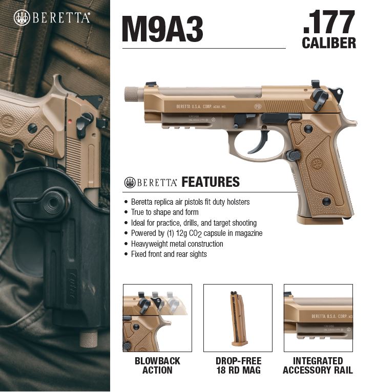 Umarex Beretta M9A3 Full Auto CO2 .177 Cal Blowback Air Pistol with 5x12 CO2 Tanks and Pack of 1500ct BBs and Extra Mag Bundle