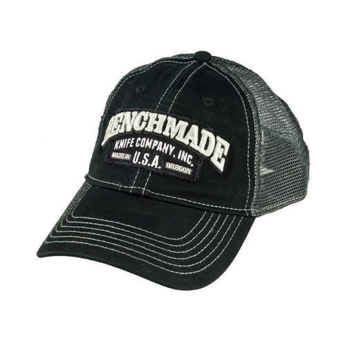 Benchmade Mesh Black Trucker "Solid Steel" Hat with White Logo Label on Front and Plastic Snap Closure on Back (50014)